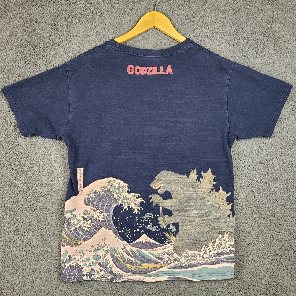 Godzilla x Hokusai Ukiyoe Great Wave Off Kanagawa T-Shirt Navy Blue Size XL
